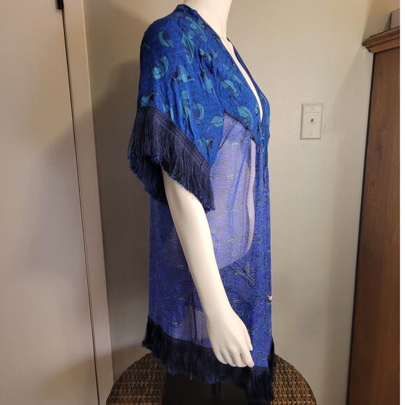 Maaji Fringe Robe Shawl Beach Cover-Up Small Graphic  Dark Floral Indie Boho - Picture 6 of 10